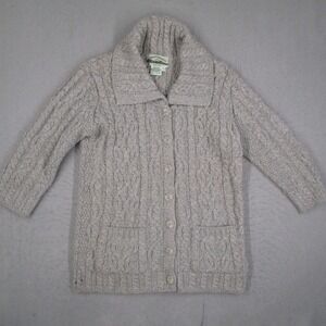 Aran Crafts Merino Wool Cable Knit Cardigan Sweater Gray Shawl Collar Ireland S